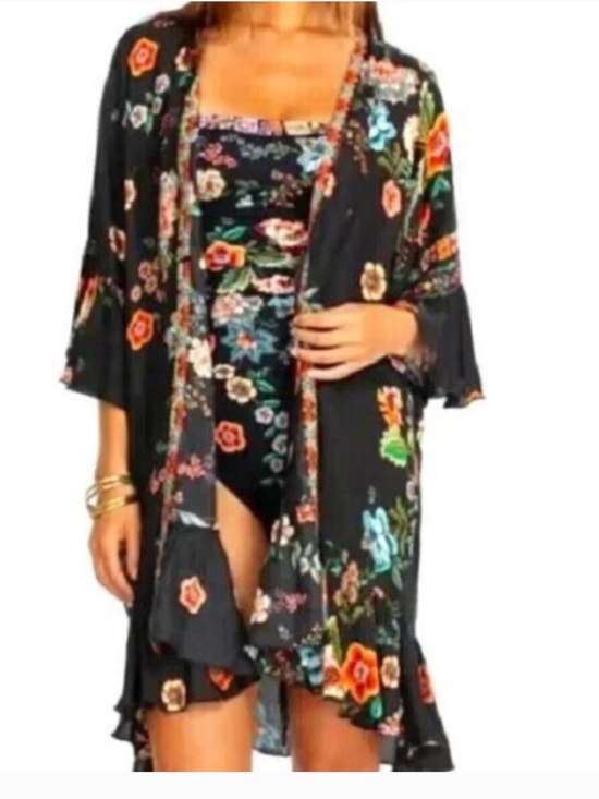 Johnny Was Tops - Johnny Was Nora Ruffle Kimono Black Floral Silk Boho Duster Cover-Up